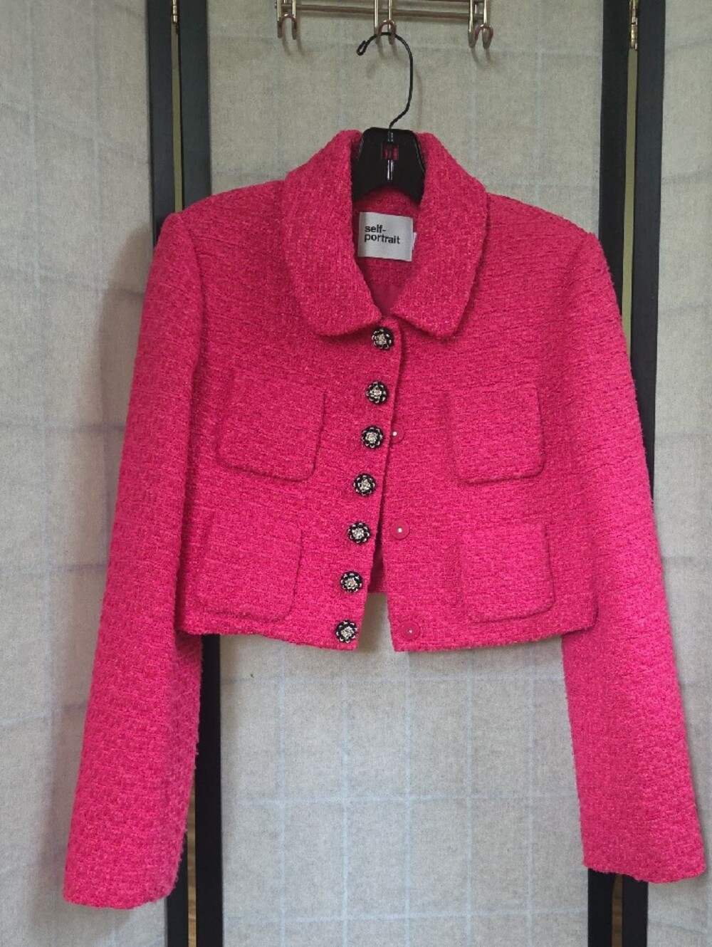 Self-Portrait Hot Pink Cropped Bouclé Jacket with Jewel Buttons